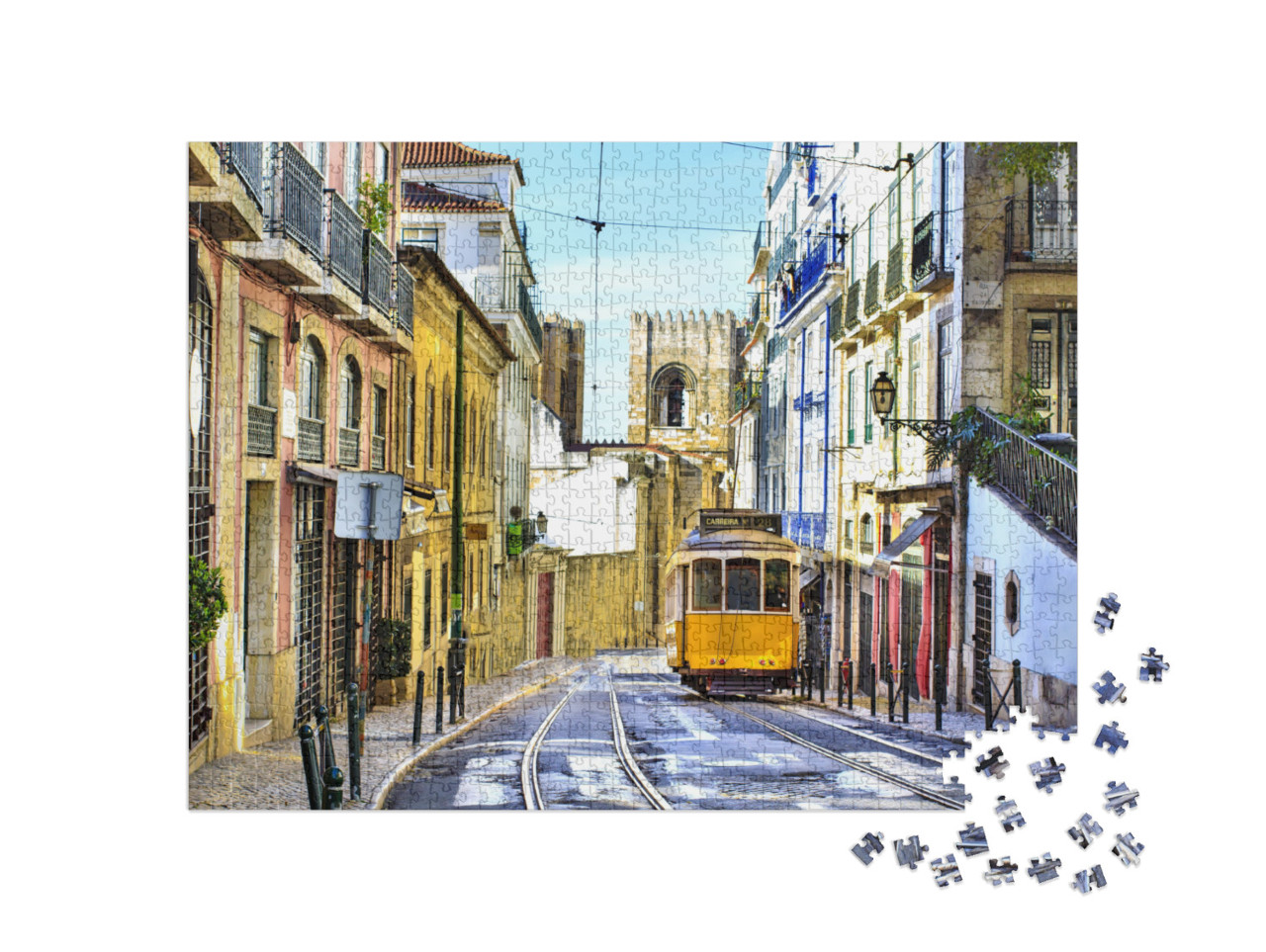 puzzle 1000 dílků „Ulice v Lisabonu s typickou žlutou tramvají“
