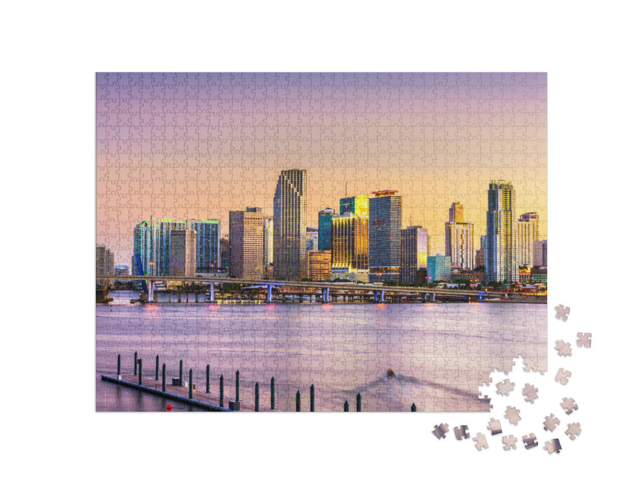 puzzle 1000 dílků „Panorama Miami v zátoce Bisayne za soumraku, Florida“