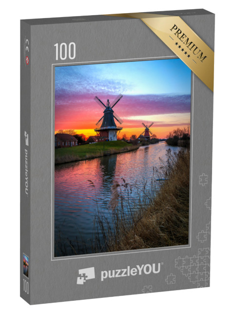 puzzle 100 dílků „Dvojité mlýny Greetsiel, Východní Frísko při východu slunce“