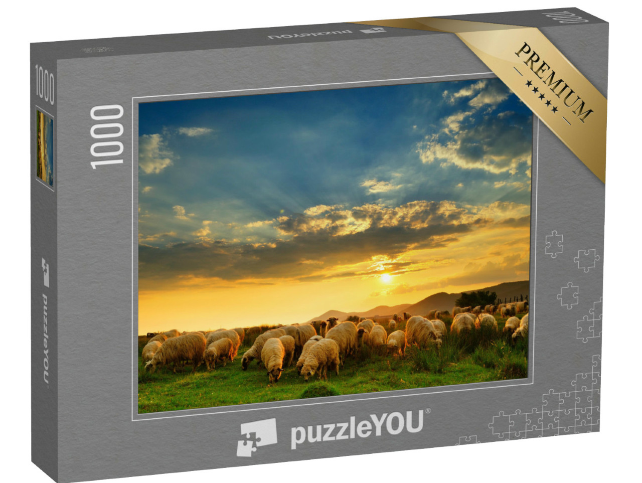 puzzle 1000 dílků „Stádo ovcí pasoucích se na kopci při západu slunce“