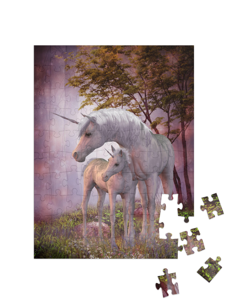 puzzle 100 dílků „Jednorožčí klisna a hříbě v kouzelném lese“