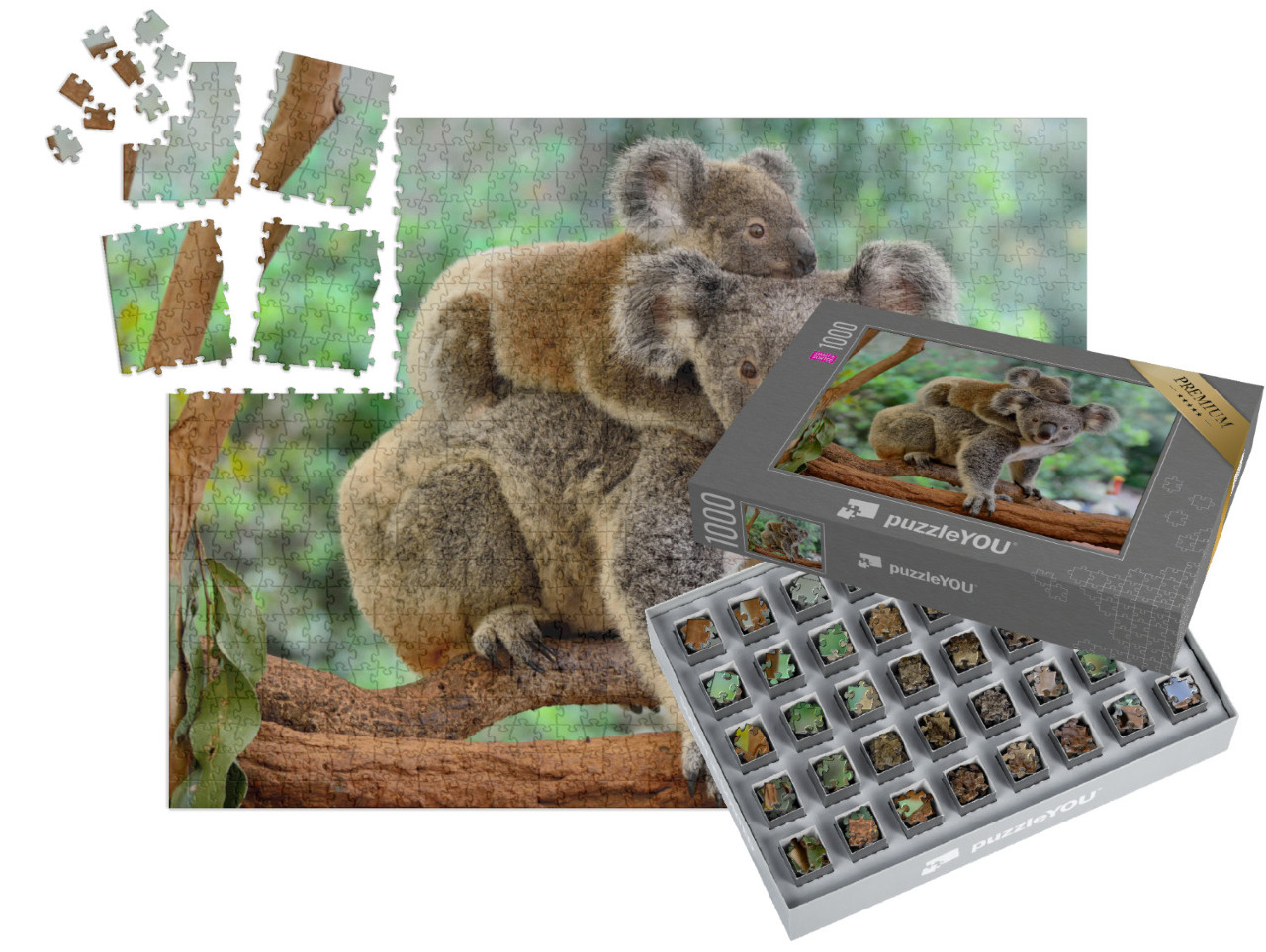 SMART SORTED® | Puzzle 1000 dílků „Matka koala s mládětem na zádech na eukalyptovém stromě“