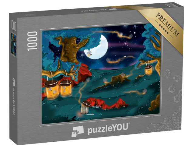 puzzle 1000 dílků „Kreslená krajina se skleněnými nádobami, kde fi“