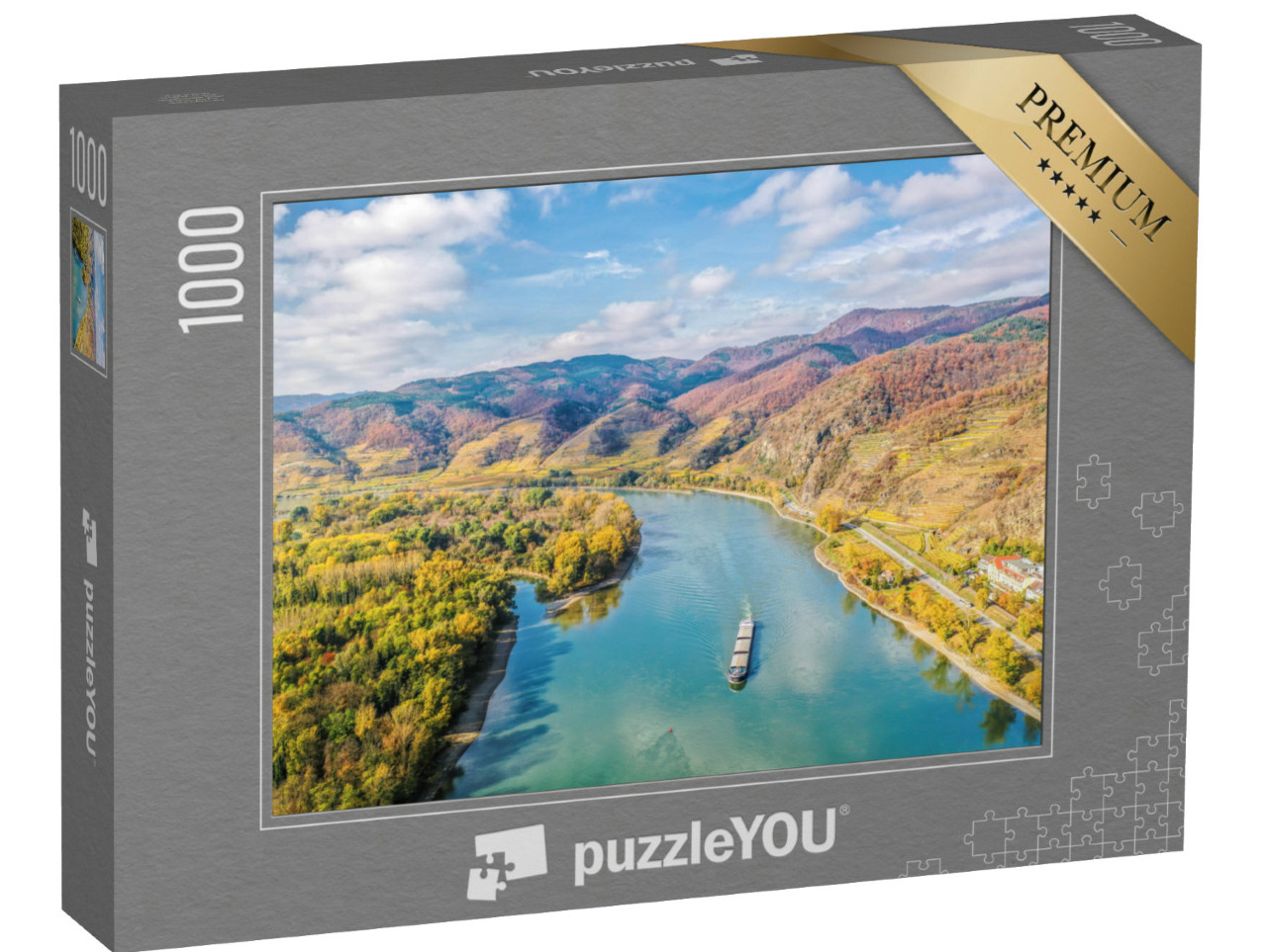 puzzle 1000 dílků „Panorama údolí Wachau s lodí na Dunaji“