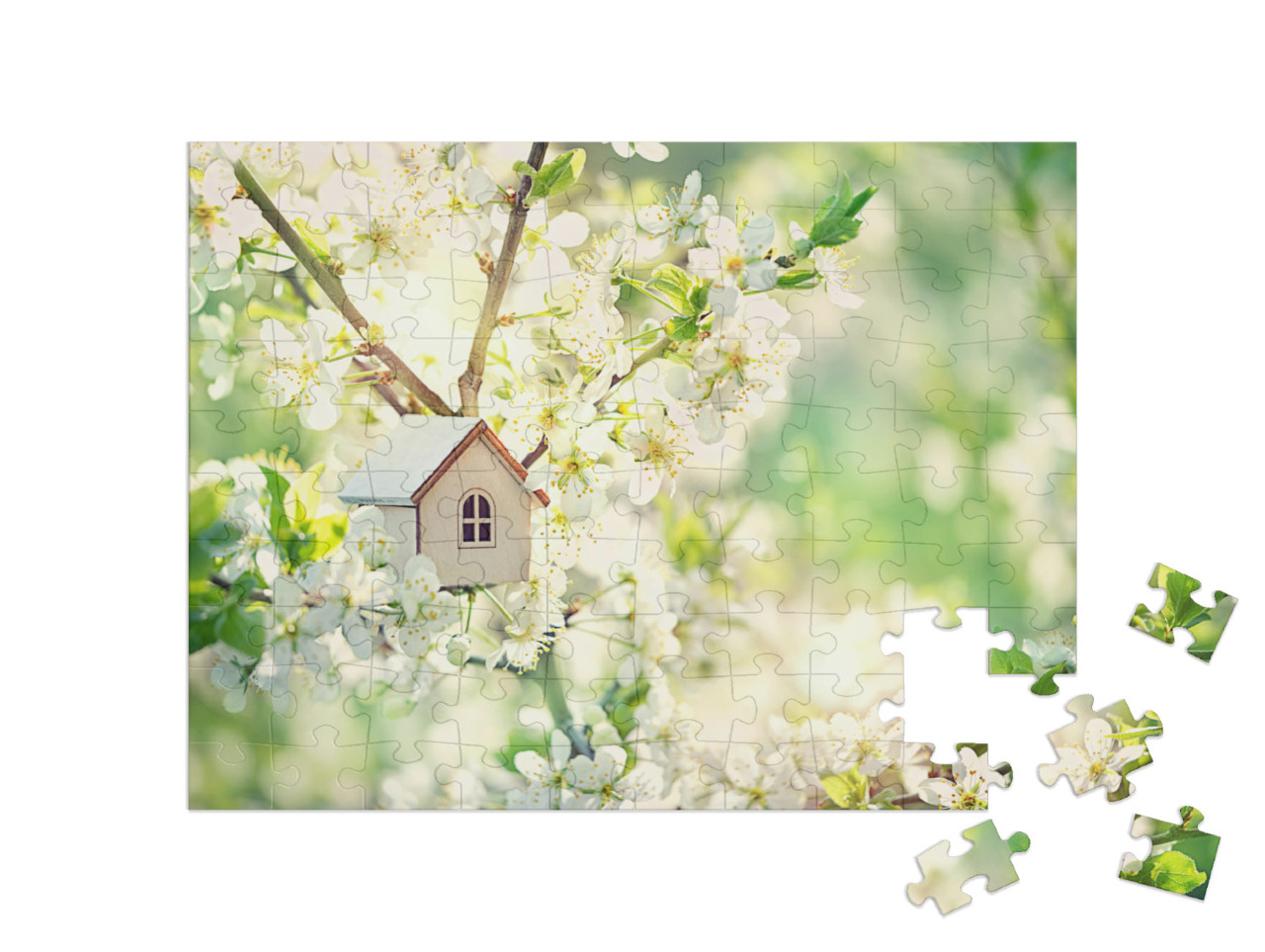 puzzle 100 dílků „Pohádkový domeček v rozkvetlé třešni“