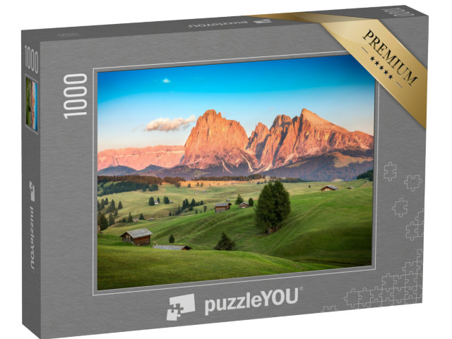 puzzle 1000 dílků „Alpe di Siusi se skupinou Sassolungo ve večerním slunci, Jižní Tyrolsko“