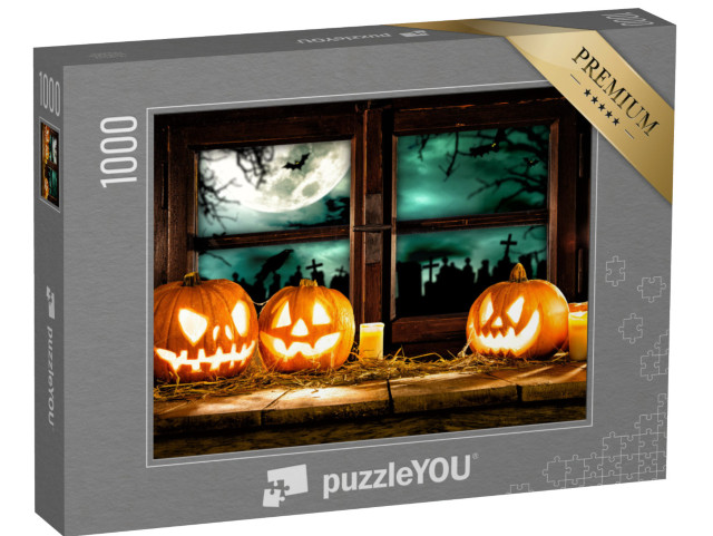 puzzle 1000 dílků „Strašidelné halloweenské dýně u tmavého okna“