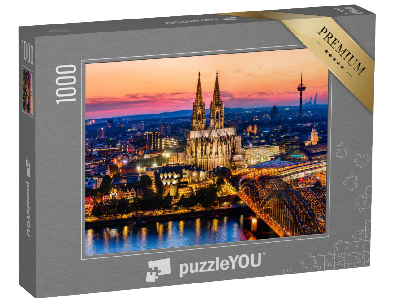 puzzle 1000 dílků „Noční panorama kolínské katedrály, Hohenzollernského mostu a Rýna“