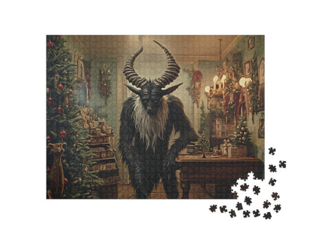 puzzle 1000 dílků „Černá příšera Krampus ve vánočním obchodě“