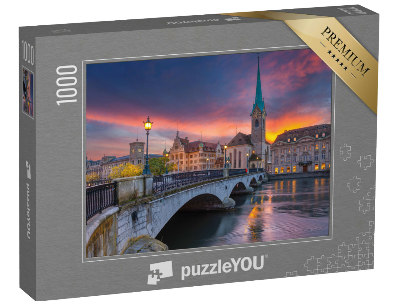 puzzle 1000 dílků „Ohnivý západ slunce v Curychu, Švýcarsko“