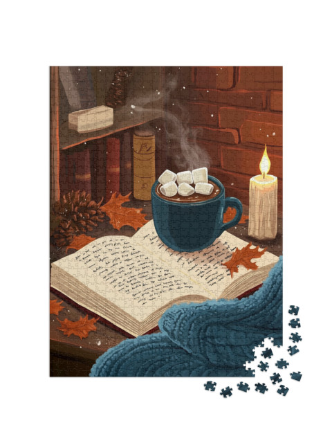 puzzle 1000 dílků „Horké kakao s marshmallows na knize“
