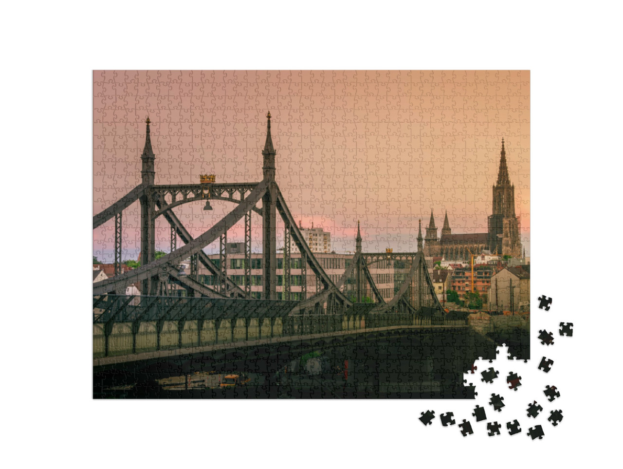 puzzle 1000 dílků „Neutorský most a Ulmský kostel při západu slunce“