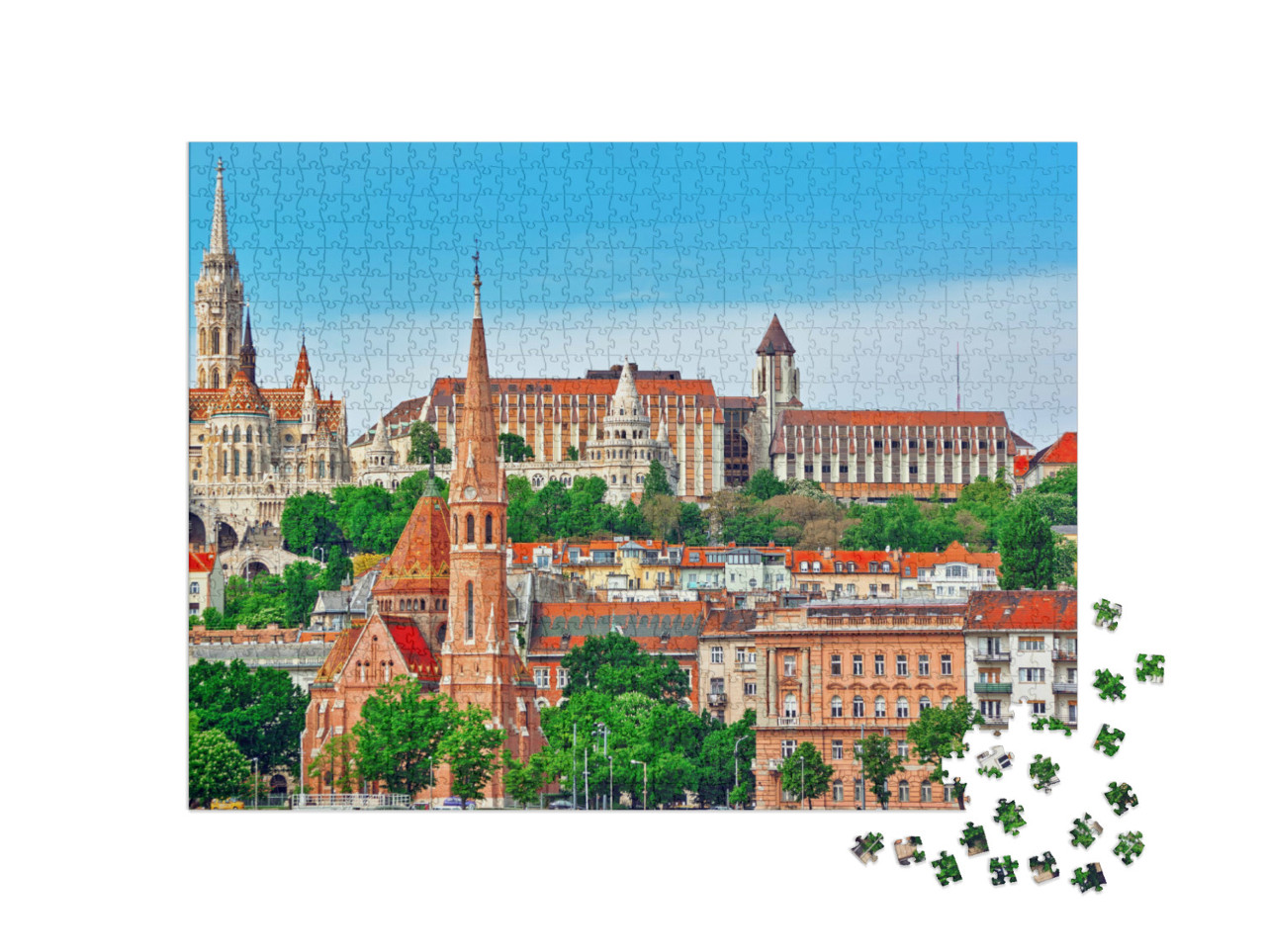 puzzle 1000 dílků „Kostel svatého Matyáše, Rybářská bašta s výhledem na Dunaj, Budapešť, Maďarsko“