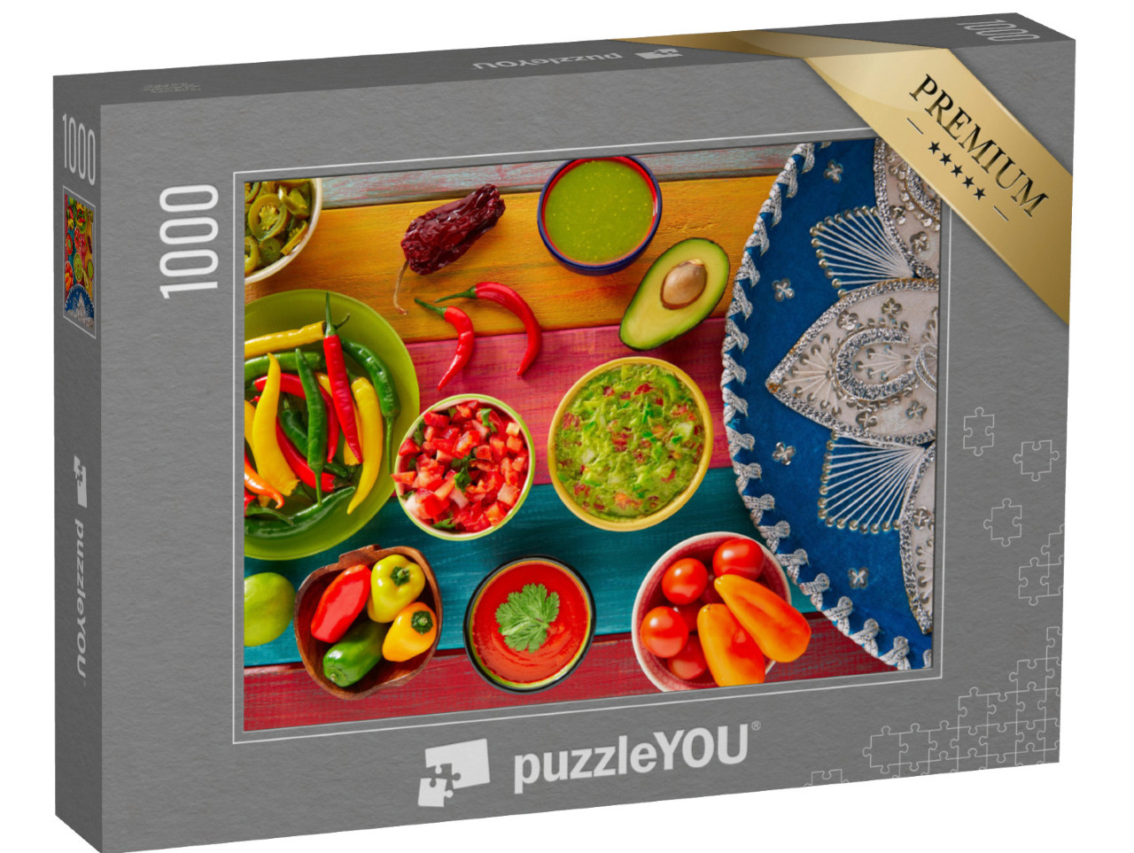 puzzle 1000 dílků „Mexické recepty: Guacamole nachos, chilli omáčka a pico de gallo“