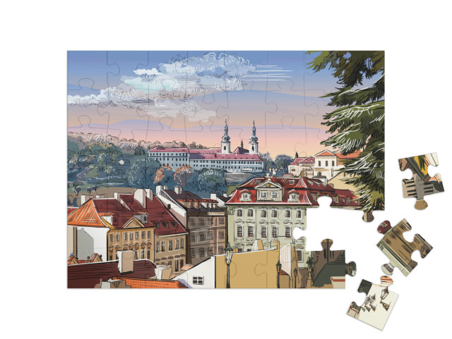 puzzle 48 dílků „Panoramatická krajina Prahy s vektorovou ruční kresbou, Česká republika“