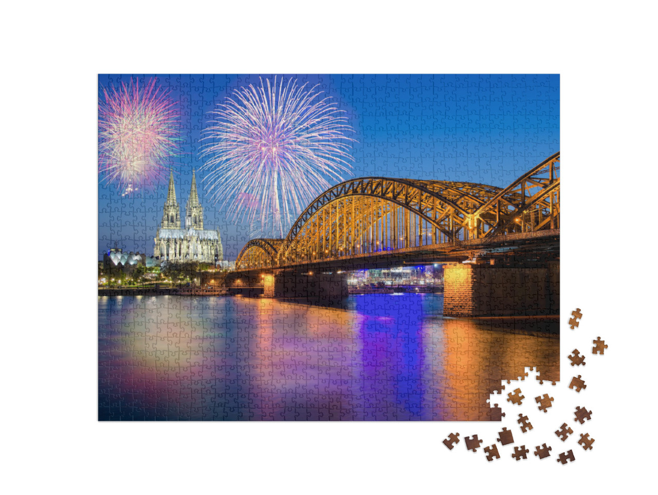 puzzle 1000 dílků „Silvestrovský ohňostroj u kolínské katedrály s Hohenzollernským mostem“