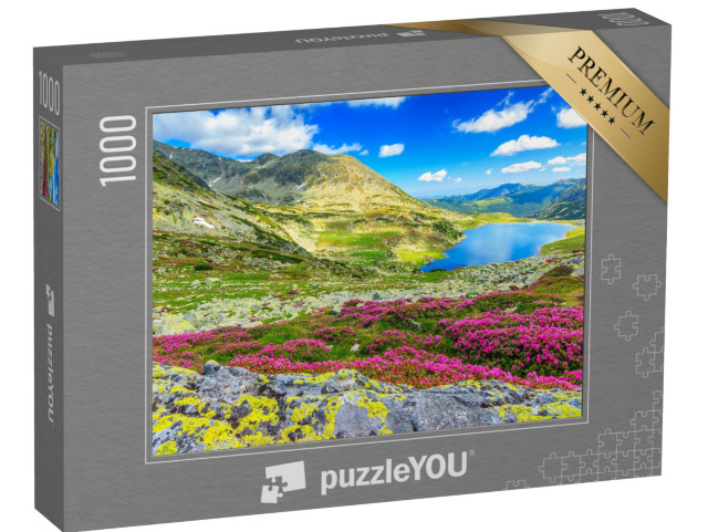 puzzle 1000 dílků „Ledovcové jezero, vysoké hory a růžové rododendrony, Karpaty, Rumunsko“