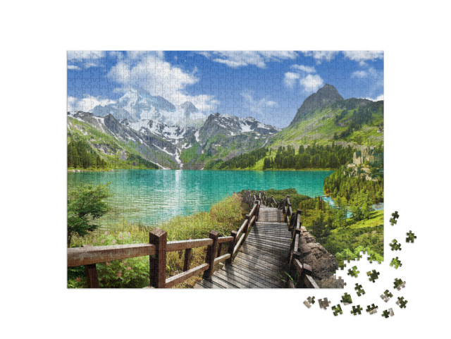 puzzle 1000 dílků „Panoramatický výhled na jezero v horách“