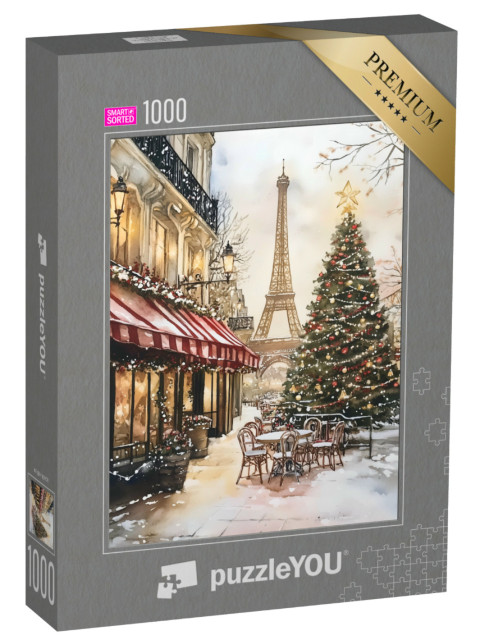 SMART SORTED® | Puzzle 1000 dílků „Vánoce v Paříži: akvarel s vánočním stromkem a Eiffelovou věží“