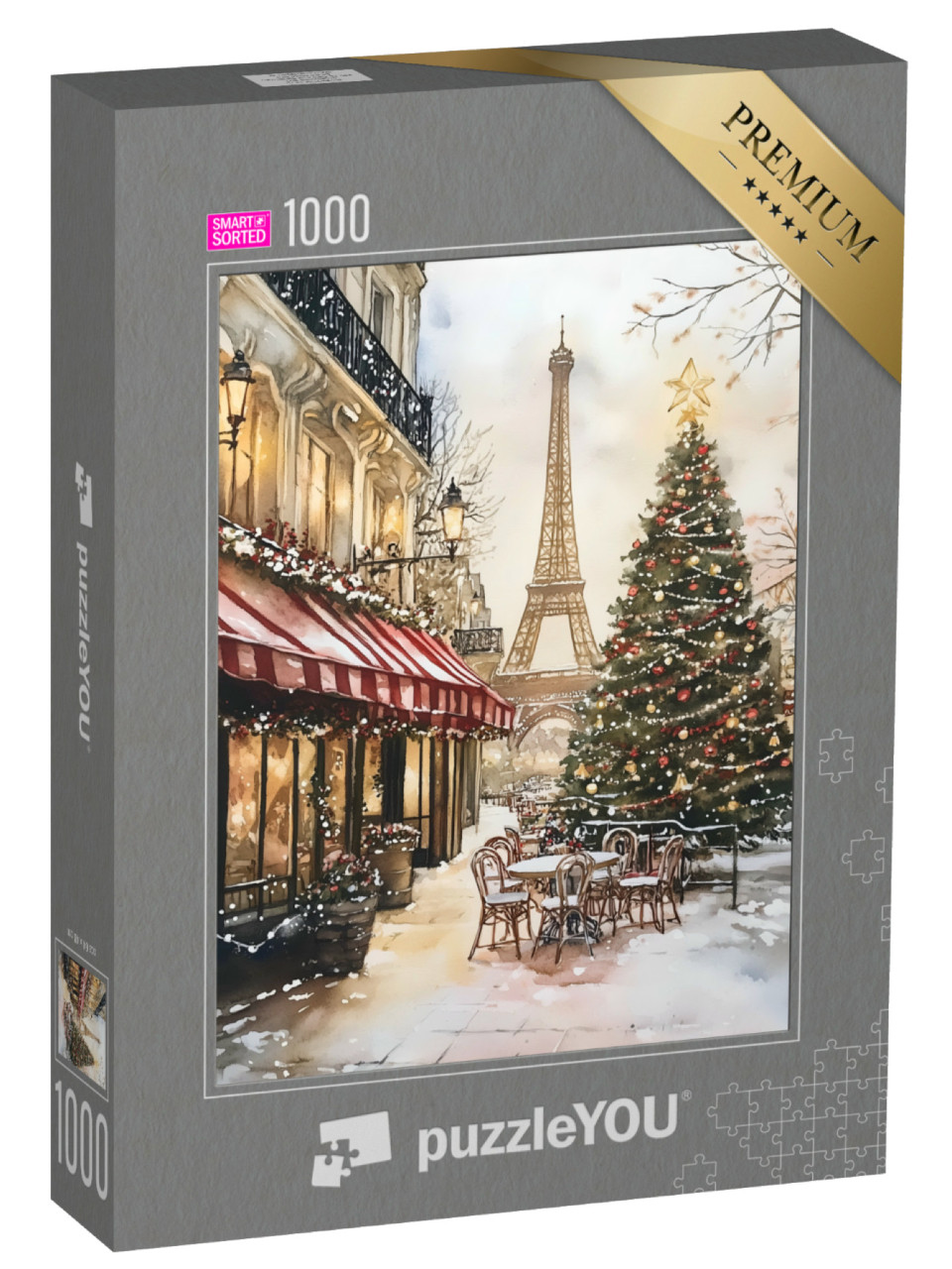 SMART SORTED® | Puzzle 1000 dílků „Vánoce v Paříži: akvarel s vánočním stromkem a Eiffelovou věží“