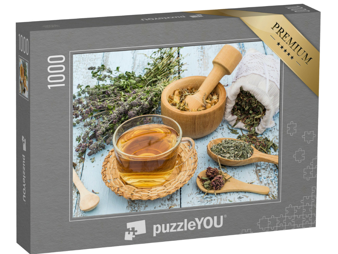 puzzle 1000 dílků „Různé sušené luční byliny a bylinný čaj“
