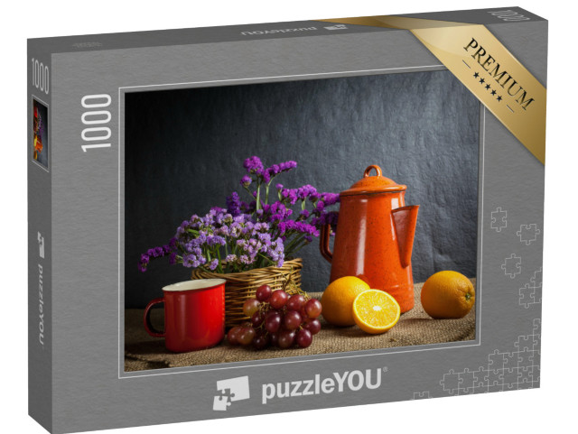 puzzle 1000 dílků „Zátiší s čerstvým ovocem a květinami v dřevěném košíku“