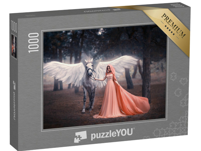 puzzle 1000 dílků „Umělecká fotografie: Mladá elfka s okřídleným jednorožcem“