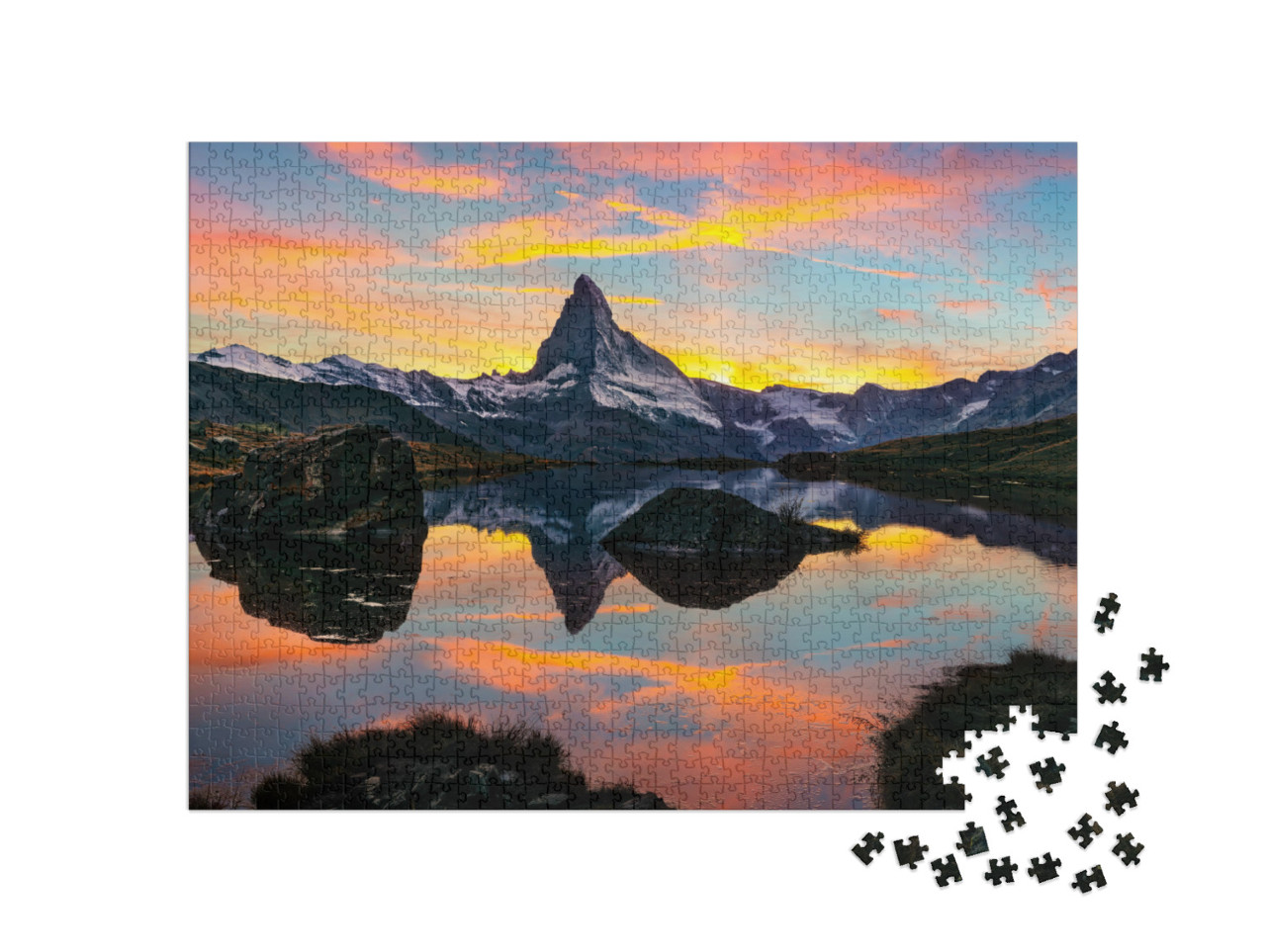 puzzle 1000 dílků „Ranní pohled na Stellisee na Matterhornu, Alpy, Švýcarsko“