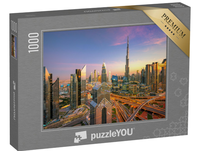 puzzle 1000 dílků „Luxusní mrakodrapy při západu slunce, panorama Dubaje“