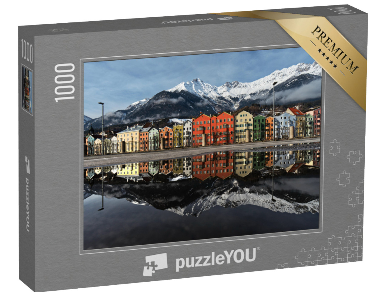 puzzle 1000 dílků „Dokonalý odraz barevných domů v Innsbrucku v Rakousku ve vodě“