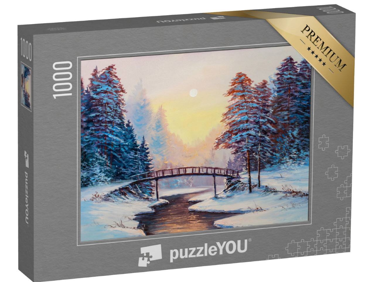 puzzle 1000 dílků „Zimní krajina s řekou, originální olejomalba“