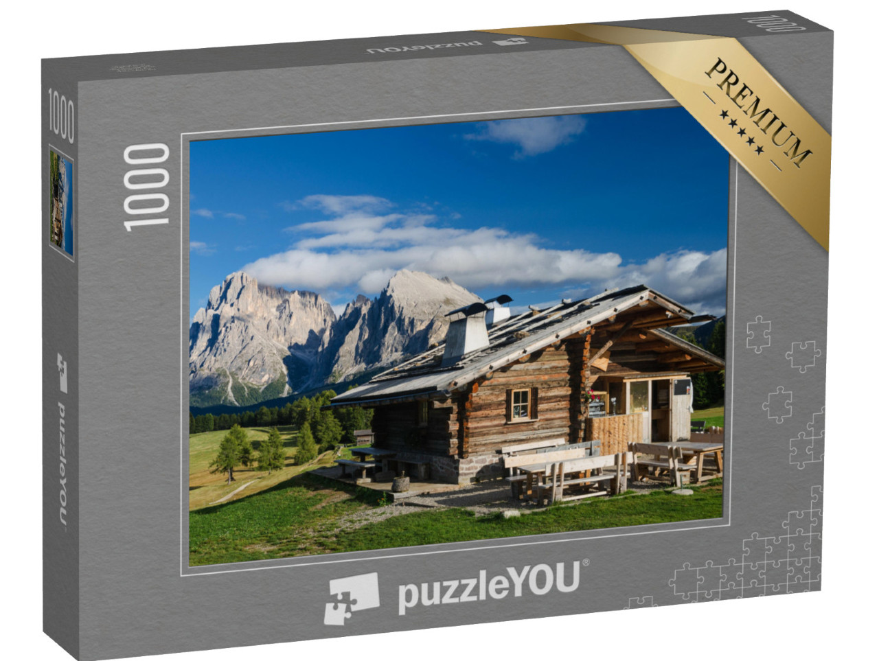 puzzle 1000 dílků „Chata na Seiser Alm s Plattkofelem a Langkofelem, Jižní Tyrolsko“