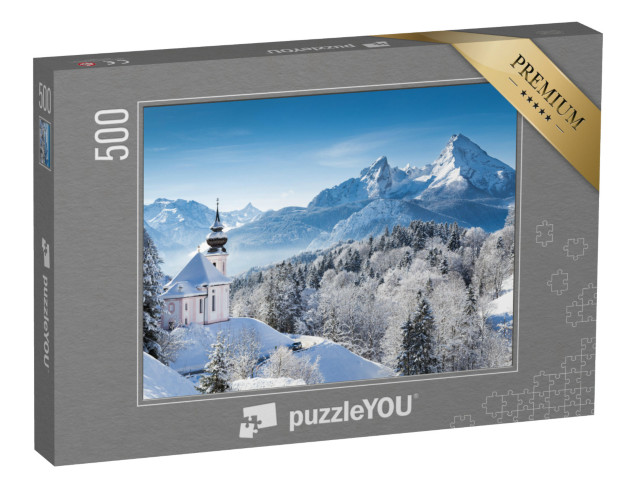 puzzle 500 dílků „Poutní kostel a vrchol Watzmann v zimě, Berchtesgadener Land, Německo“