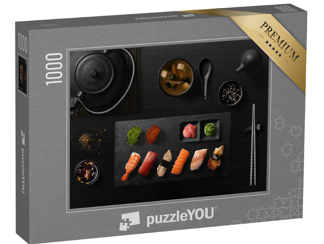 puzzle 1000 dílků „Sushi rolky, sada sashimi, polévka miso a konvička na čaj“