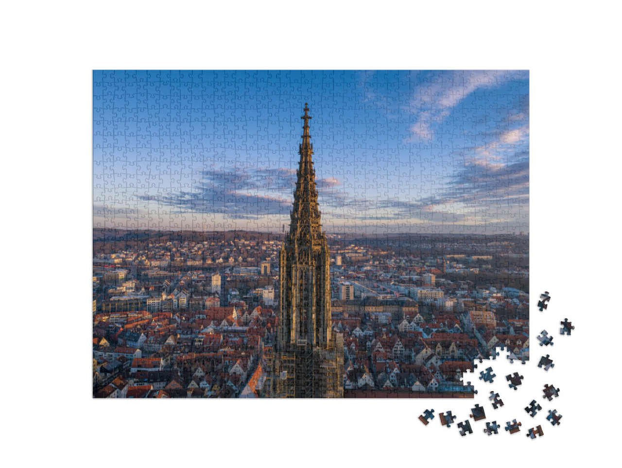 puzzle 1000 dílků „Ulmský kostel při východu slunce, záběr z dronu, Německo“