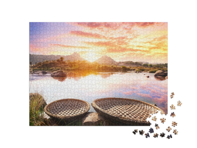 puzzle 1000 dílků „Západ slunce u řeky Tungabhadra v Hampi, Karnátaka, Indie“
