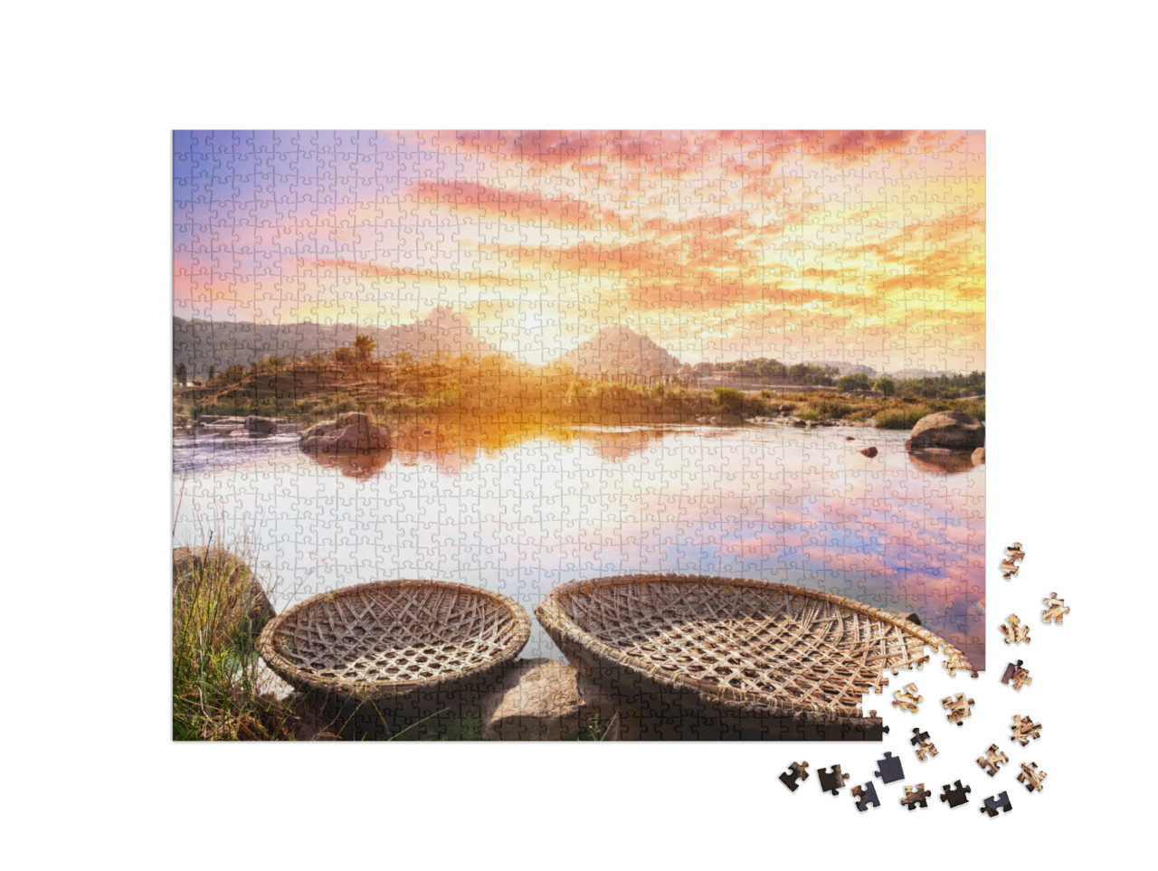 puzzle 1000 dílků „Západ slunce u řeky Tungabhadra v Hampi, Karnátaka, Indie“