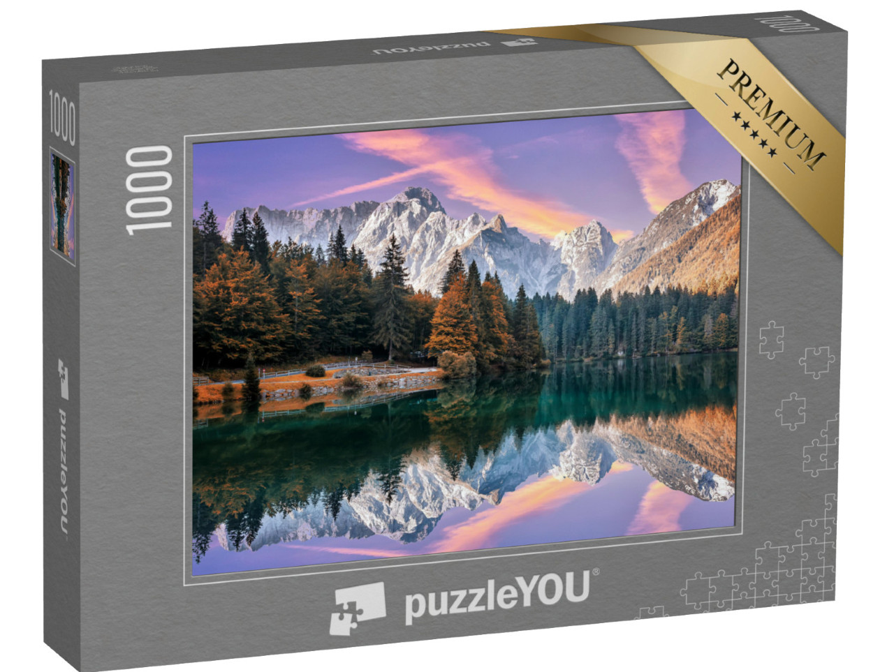 puzzle 1000 dílků „Východ slunce na podzim u jezera Fusine před Mangartem“