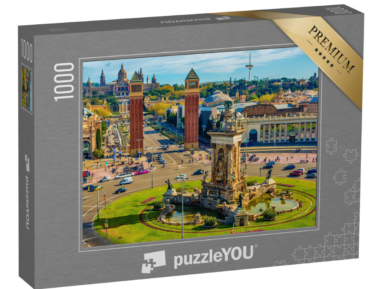 puzzle 1000 dílků „Letecký pohled na Barcelonu, Placa d'Espanya a Palau National, Španělsko“