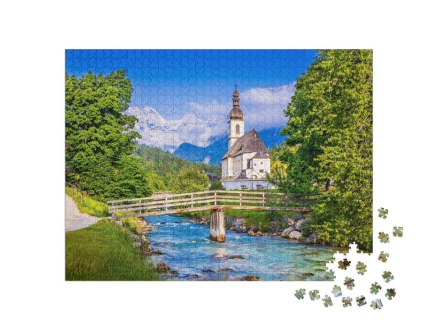 puzzle 1000 dílků „Národní park Berchtesgaden s farním kostelem svatého Šebestiána v obci Ramsau“