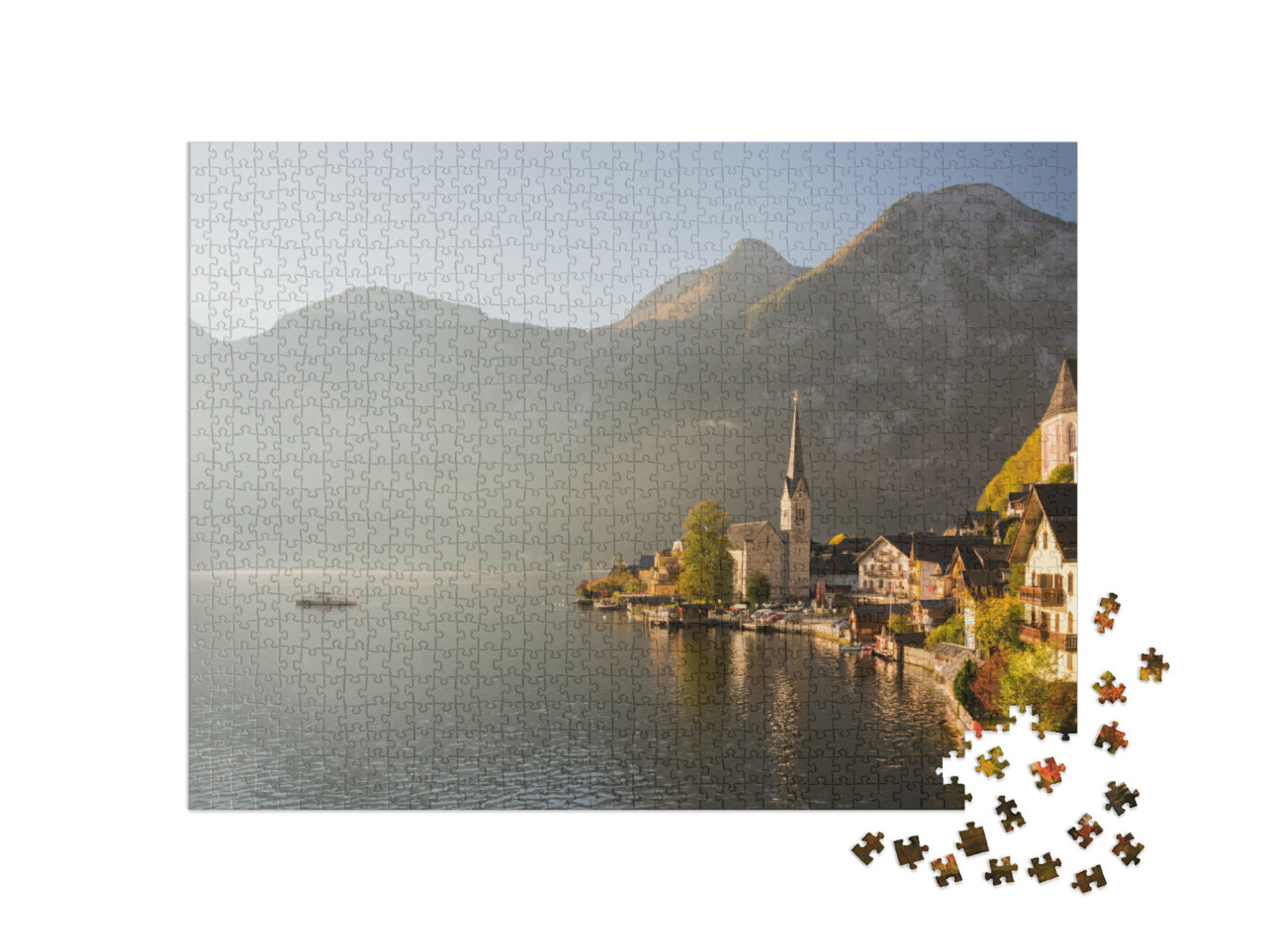 puzzle 1000 dílků „Malebný ranní pohled na horskou vesnici Hallstatt, Rakousko“