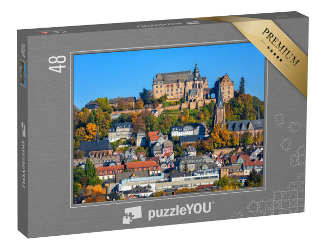 puzzle 48 dílků „Marburg an der Lahn: Landkraběcí zámek a barevné hrázděné domy“