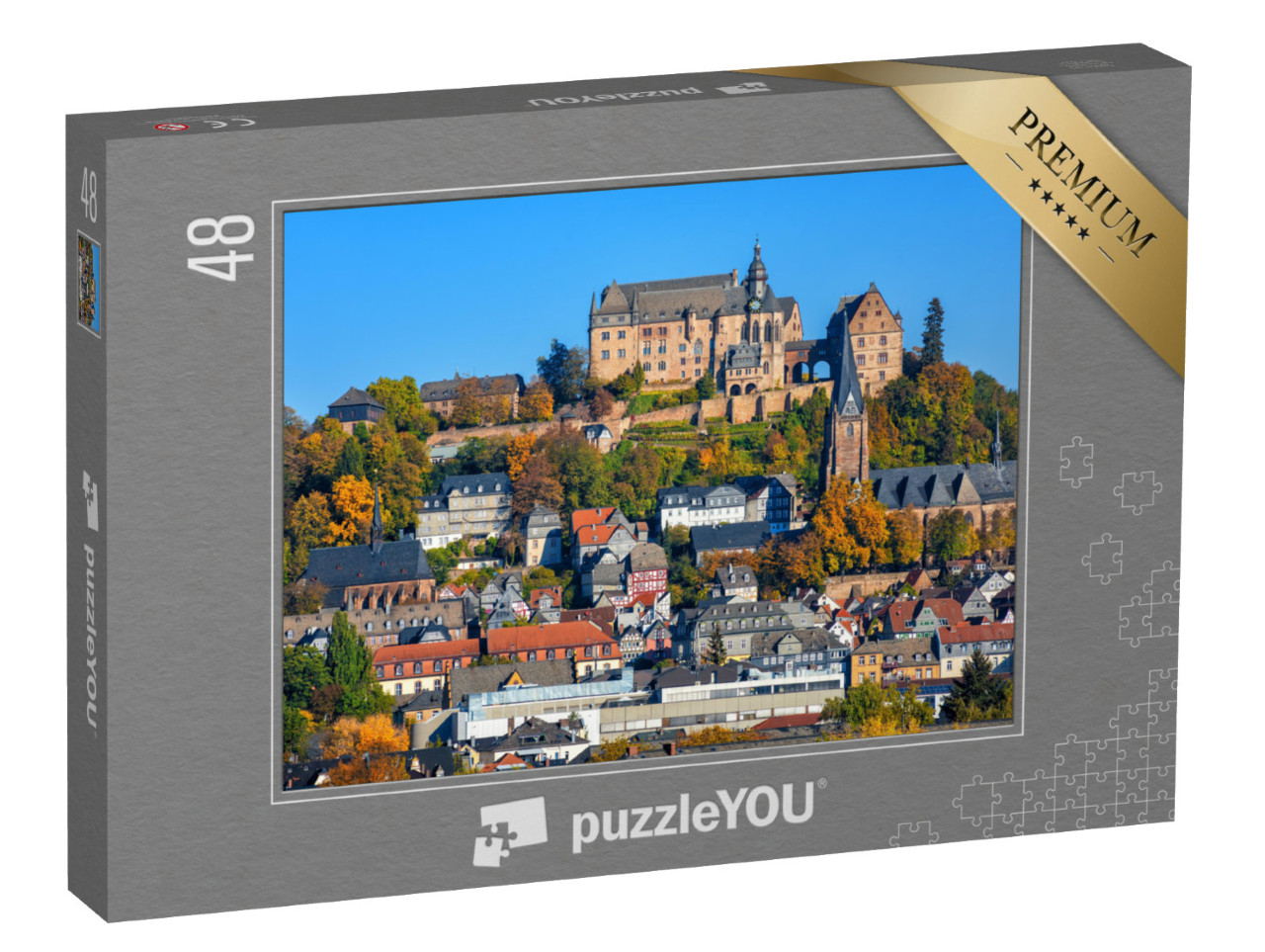 puzzle 48 dílků „Marburg an der Lahn: Landkraběcí zámek a barevné hrázděné domy“