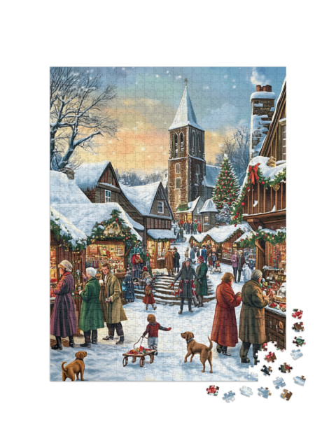 puzzle 1000 dílků „Slavnostní vánoční trh ve vesnici“