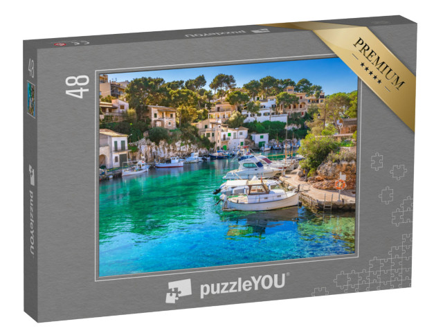 puzzle 48 dílků „Pohled na idylický starý rybářský přístav Cala Figuera, Mallorca, Španělsko“