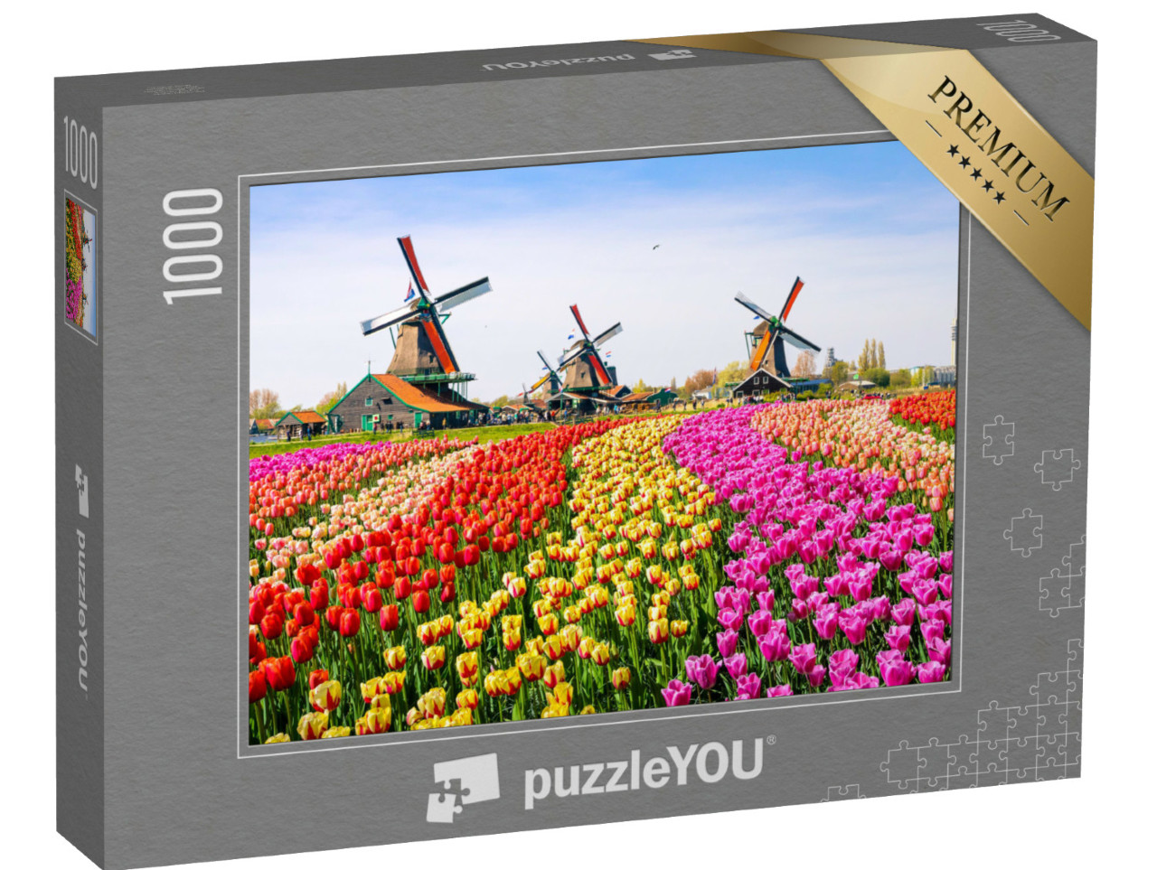 puzzle 1000 dílků „Tulipány a větrné mlýny v Zaanse Schans, Nizozemsko“