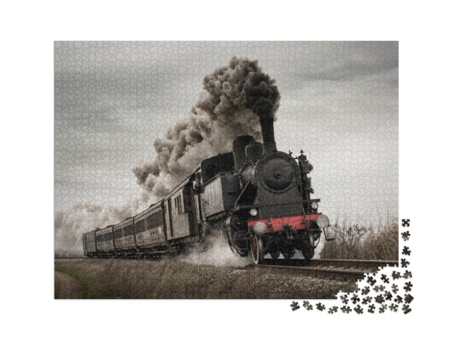 puzzle 2000 dílků „Historický parní vlak se starou lokomotivou a starými vagóny“