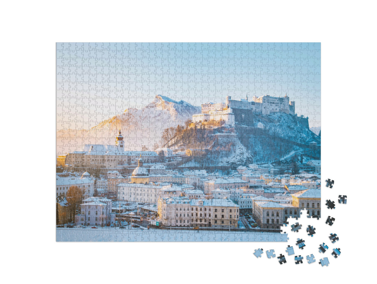 puzzle 1000 dílků „Salcburk s pevností Hohensalzburg a řekou, Rakousko“