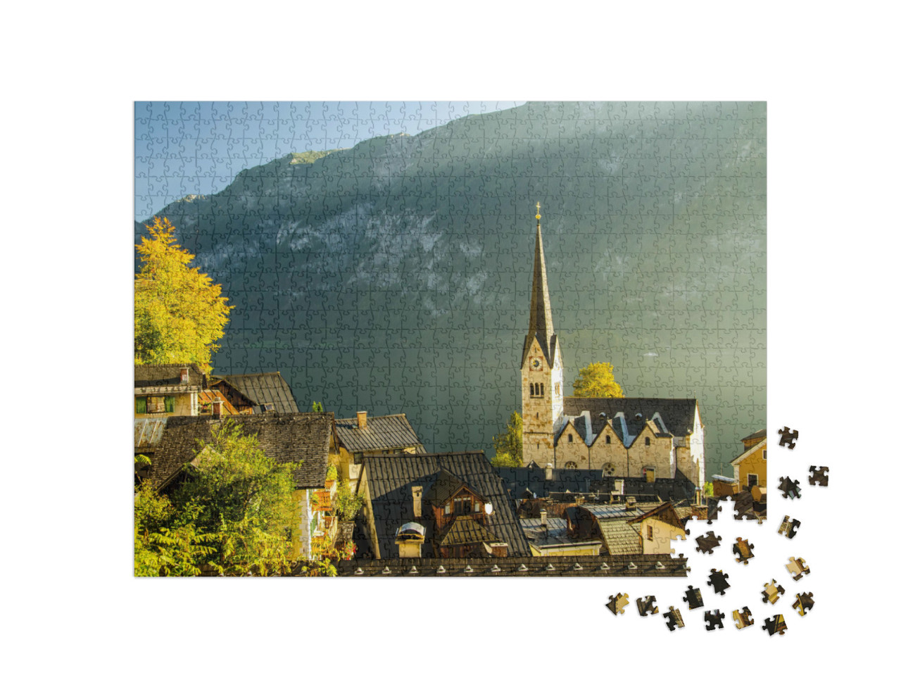 puzzle 1000 dílků „Západ slunce s výhledem na Hallstatt, Rakousko“
