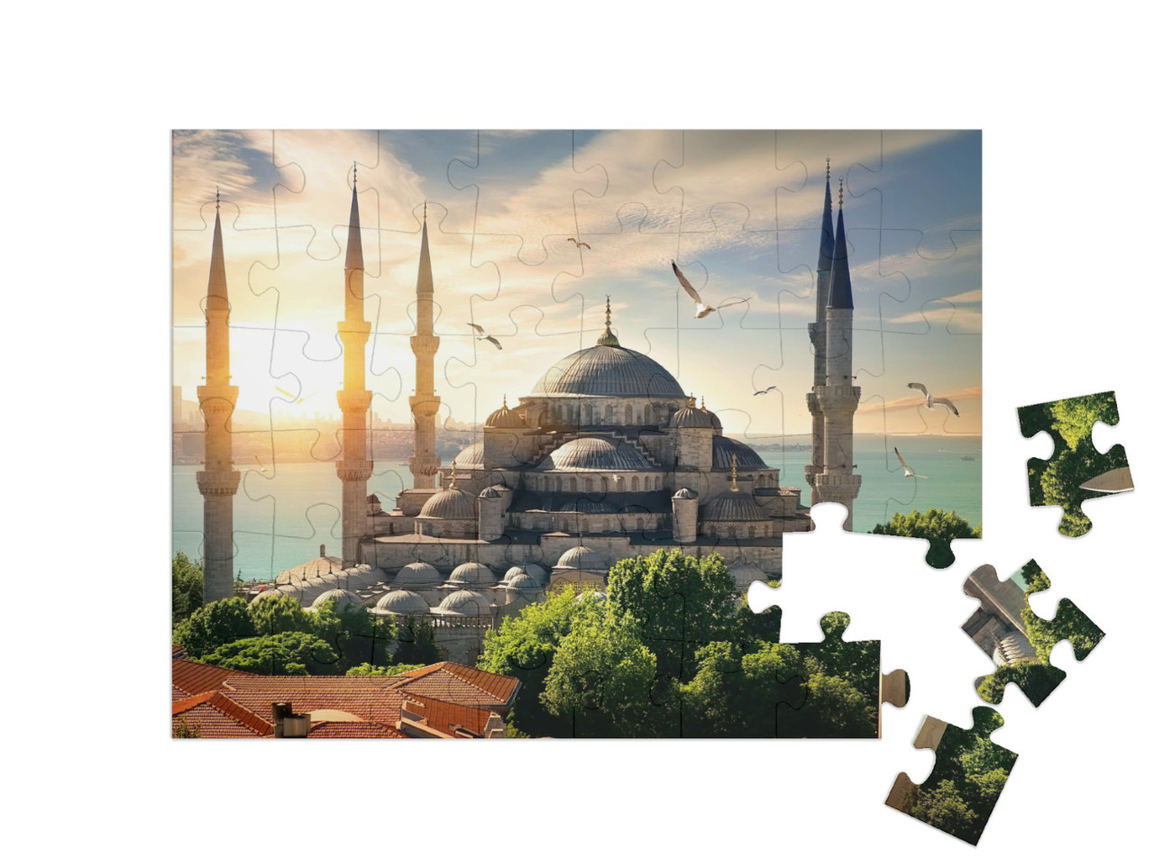 puzzle 48 dílků „Racci nad Modrou mešitou a Bosforem, Istanbul“